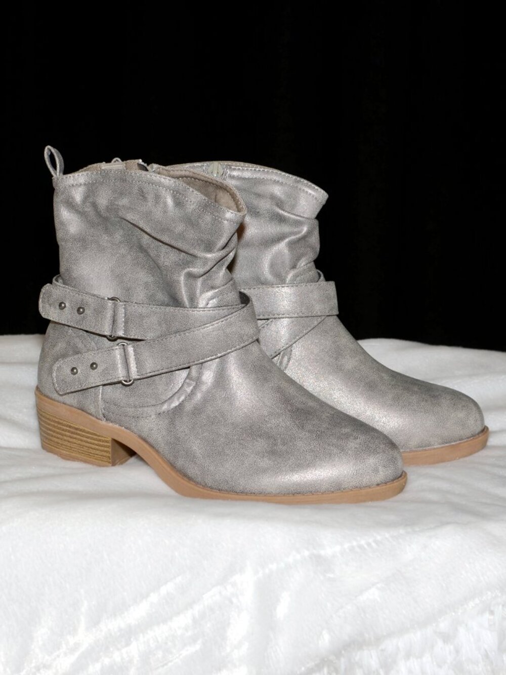 9WW Wide Width Torrid Grey Strappy Slouch Moto Boots Double Buckle Ankle Booties